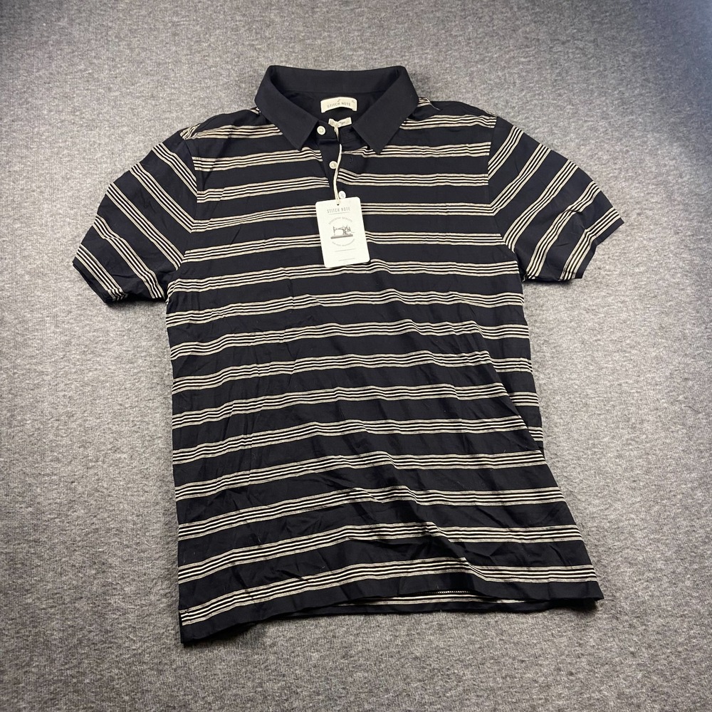 STITCH NOTE Polo Shirt XL Black Beige Striped Short Sleeve Casual NWT Men's